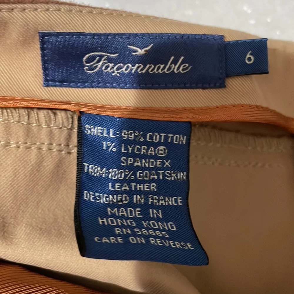 Faconnable Cotton Lycra Leather Tan Pants Sz 6 Beautifully Tailored